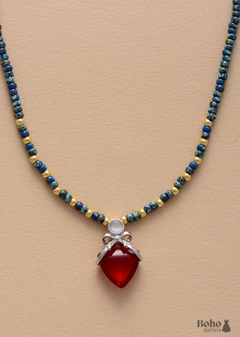 Boho Necklace, Seed Beads Gold Horn Evil Eye Heart Pendant